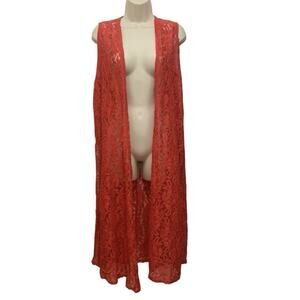 LuLaRoe Joy Red Lace Duster Vest Large Sleeveless Open Front Floral